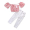 2 Pcs Set Pretty Girls Cotton Striped Printed Off Shoulder Tops And Ripped Jeans
