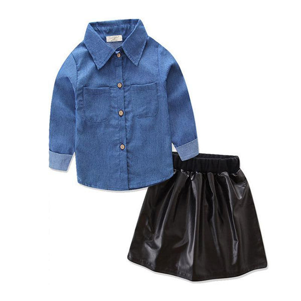 2 Pcs Set Fashionable Girls Cotton Long Sleeves Solid Color Blouse And Black Leather Skirts