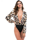 Fashion Lady Deep V Neck Leopard Printed Patchwork Bodysuits