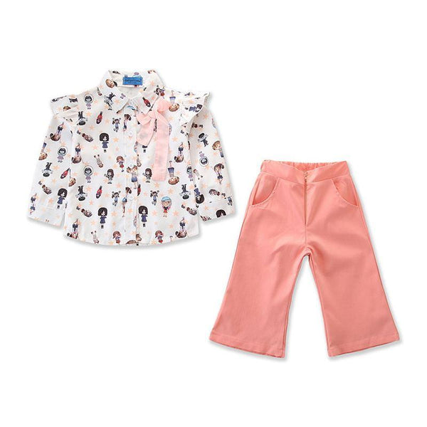 Fashionable Girls Cotton Cute Printed Long Sleeves Blouse And Pink Pants Set