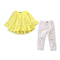 Girls 2 Pcs Set Cotton Solid Color Flare Sleeves Tops And White Ripped Jeans