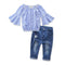 Cute Girls Cotton Stripes Printed Flare Sleeve Tops And Ripped Jeans