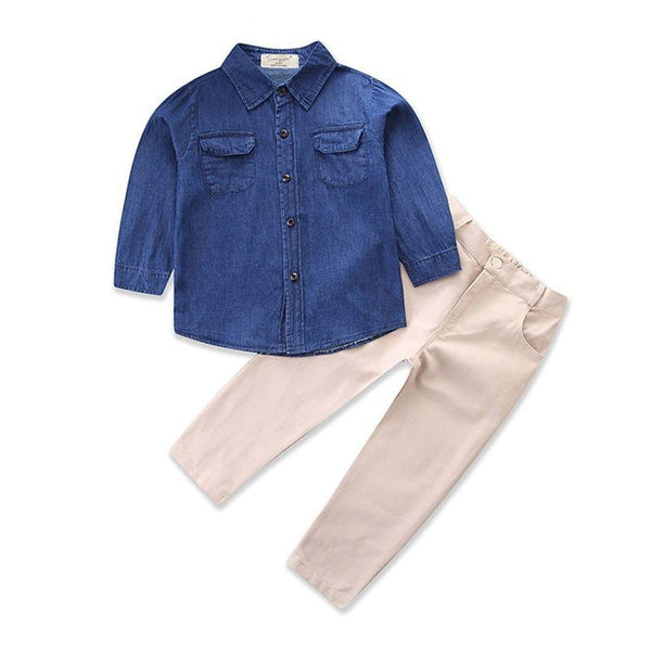 Boys Cotton 2 Pcs Set Blue Long Sleeves Denim Shirts And Beige Pants
