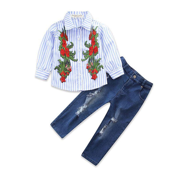 Freshing Girls 2 Pcs Set Cotton Flower Embroidered Blouse And Ripped Jeans