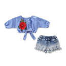 Pretty Girls 2 Pcs Set Flower Embroidered Stripes Tops And Ripped Denim Shorts
