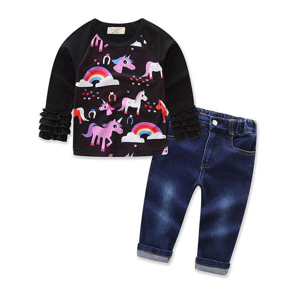Casual Girls Cotton 2 Pcs Set Long Sleeves Rainbow Unicorn Printed Tops And Jeans