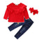 Girls Cotton 3 Pcs Set Cotton Solid Color Long Sleeves Tops And Colorful Printed Jeans With Headband