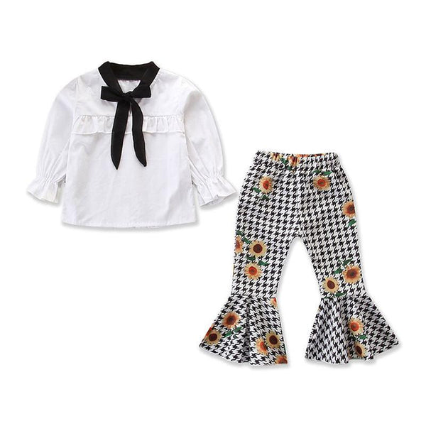 2 Pcs Set Girls Cotton Bowknot Pattern Long Sleeves Tops And Floral Flared Pants