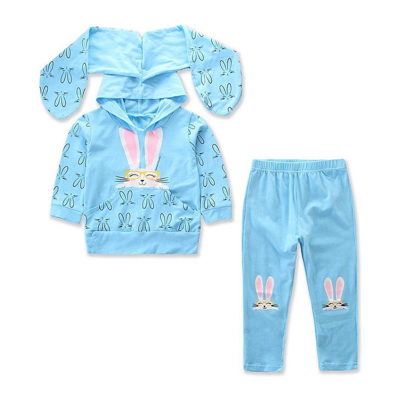 2 Pcs Set Cute Girls Cotton Cartoon Bunny Pattern Printed Hoodies And Pants