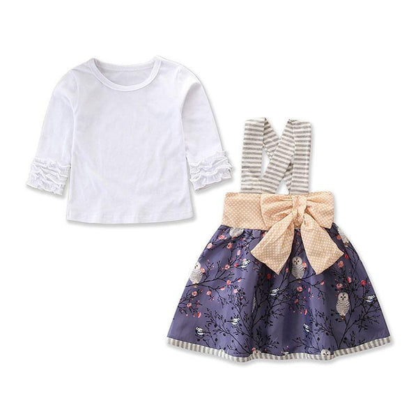 2 Pcs Set Cotton Girls White Tops And Flower Printed Big Bowknot Overalls Dresses