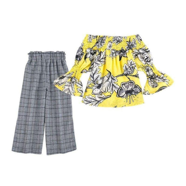 2 Pcs Set Vintage Style Girls Floral Printed Off-shoulder Tops And Plaid Loose Pants