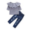 2 Pcs Set Girls Cotton Plaid Printed Tops And Ripped Jeans