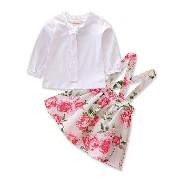 Freshing Girls Cotton White Tops And Floral Printed Suspender Skirts