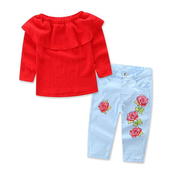 Hot Selling Girls Cotton Red Off-shoulder Tops And Flower Printed Jeans Set