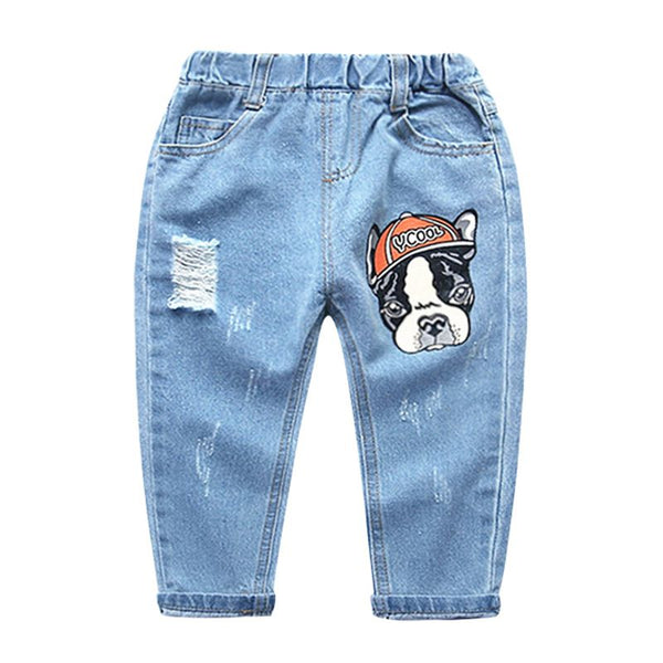 New Arrived Cotton Cute Dog Printed Ripped Denim Jeans For Boys