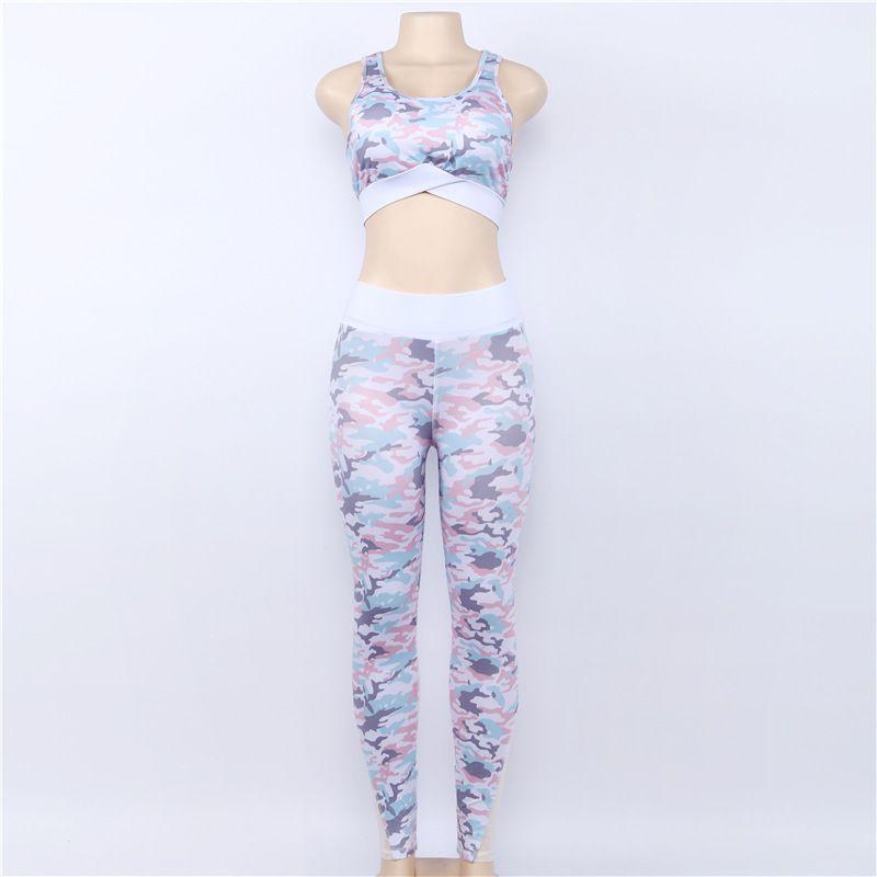 Women Fashion Camouflage Printed 2 Pcs Crop Top Sports Pants Set