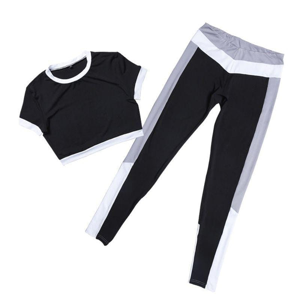 Women Classic Short Sleeves Crop Top Color Blocking Pants Sportswear