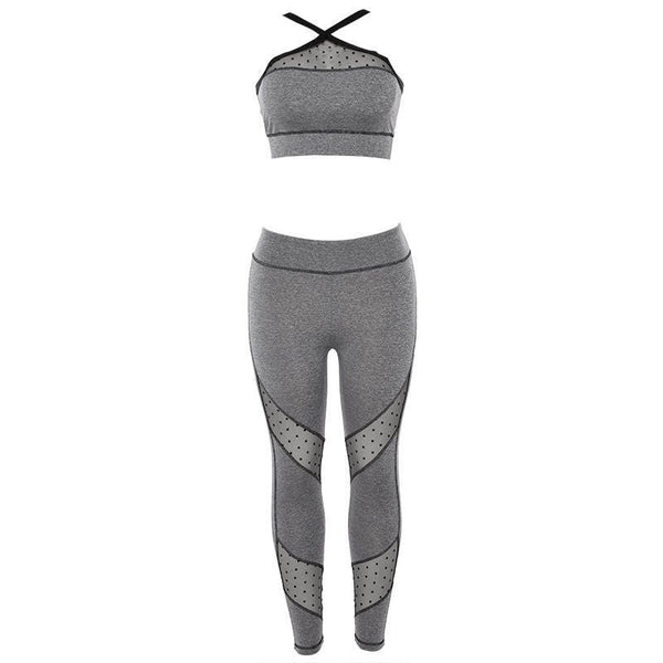 Women Sexy Crop Top Breathable Mesh Fabric Tight Sports Pants Set