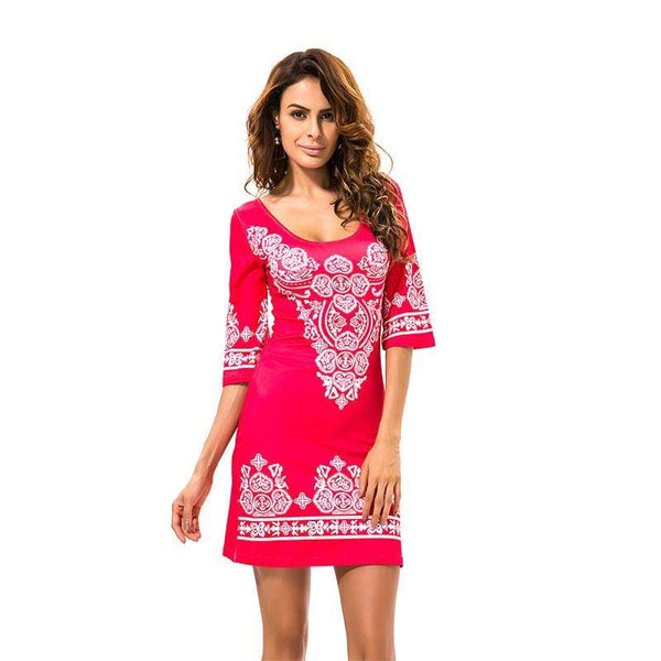 Women Bright Color Ethnic Print Sexy Scoop Neck Dress