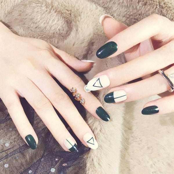 Fashion Winter Green Color Classic Plaid Painting False Nails