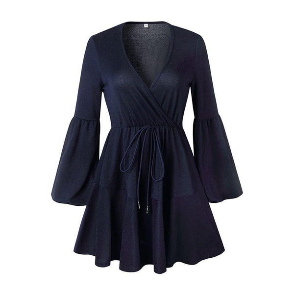 Women Sexy Deep V Neck Design Flouncing Large Hem Lantern Sleeves Dress