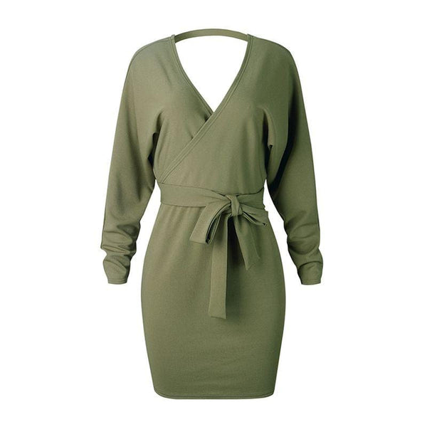 Women Casual Style Solid Color Knitting Dolman Sleeves Lace-up Dress