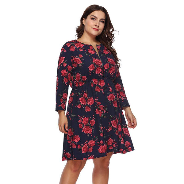 Fashion Lady Floral Print Three-quarter Sleeves Casual Style Plus Size Dress