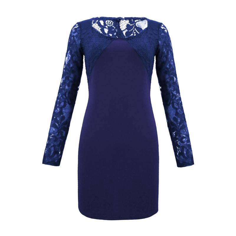 Fashion Lace Patchwork Women Solid Color Long Sleeves Dress