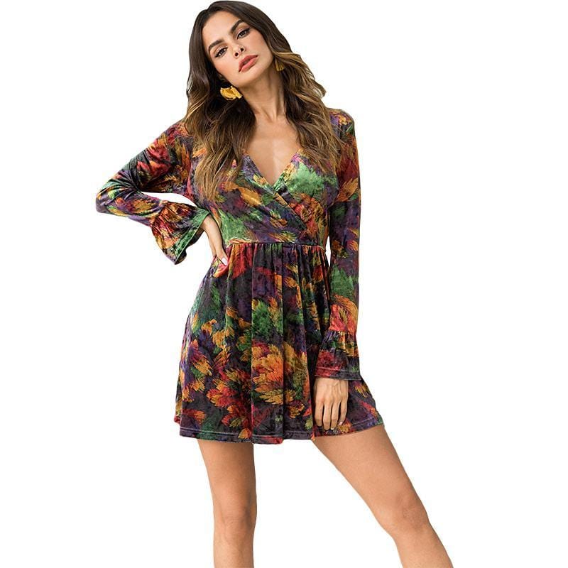 Women Bohemian Style Floral Printed Long Sleeves V Neck Loose Dress