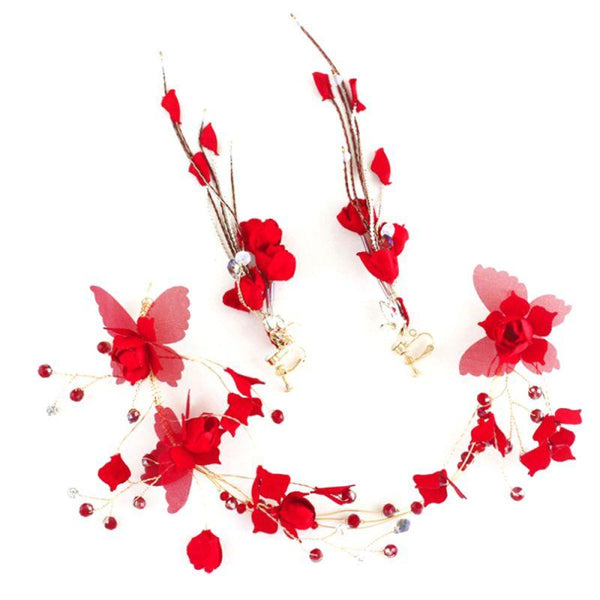 Fashion Red Color Women Butterfly Design Wedding Hair Accessory Earrings Set