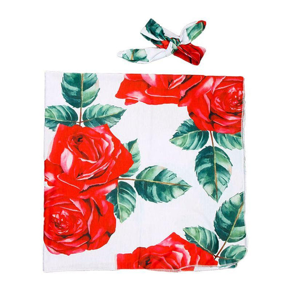 2 Pcs Set Newborn Rose Printed Muslin Swaddle Blanket With Headband