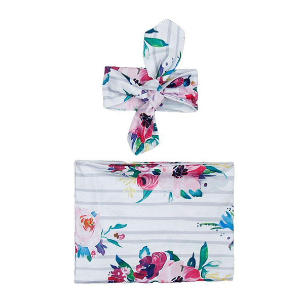 2 Pcs Set Infant Fresh Flower Printed Wrap Blanket With Headband