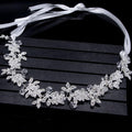 Women Luxury Rhinestone Flower Leaves Pattern White Color Ribbon Hairband