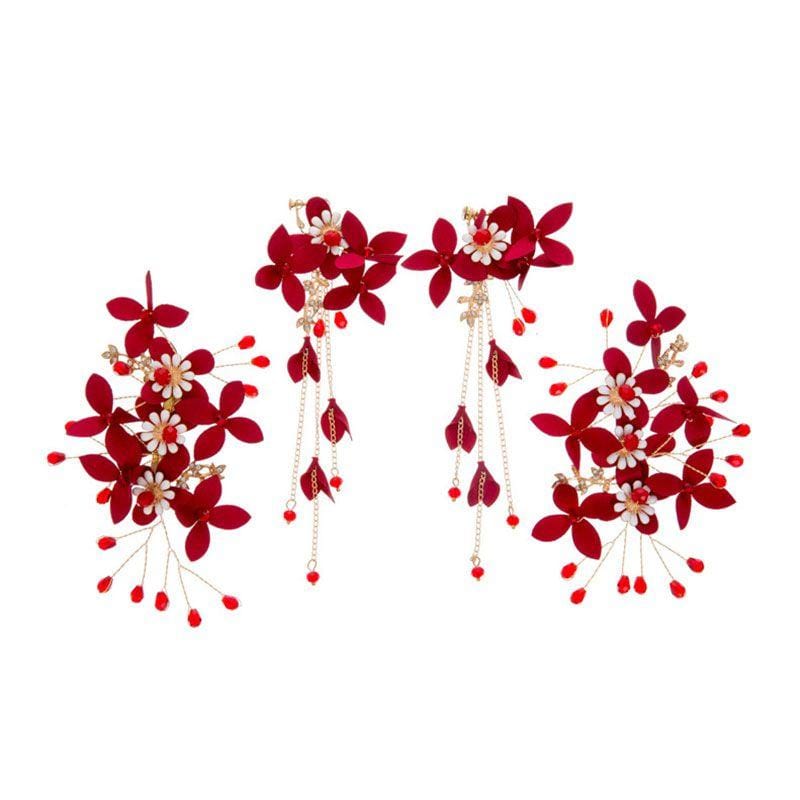 Red Color Women Unique Wedding Flowers Design Hair Clip Earrings Set