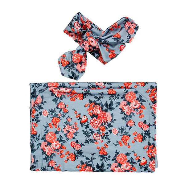 2 Pcs Set Newborn Fresh Flower Printed Swaddle Blanket With Headband