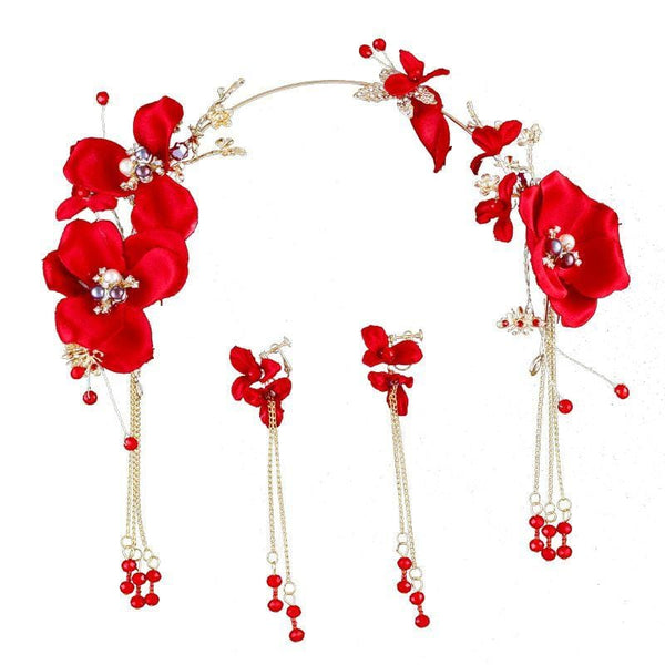 Women Fashion Red Color Rose Design Tassel Earrings Hair Jewelry Set