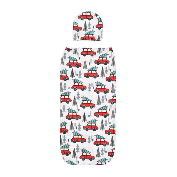 2 Pcs Set Infant Red Car Printed Muslin Swaddle Wrap And Hat