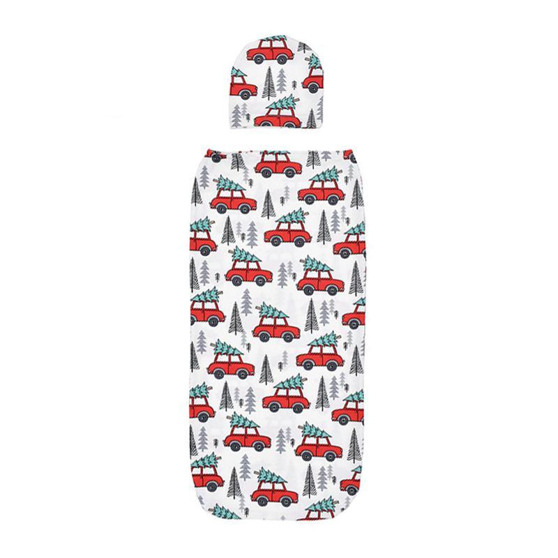 2 Pcs Set Infant Red Car Printed Muslin Swaddle Wrap And Hat
