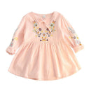 Ethnic Style Flower Embroidered Long Sleeves Lace-up Design Girls Dress