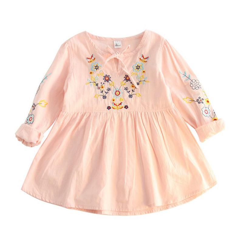 Ethnic Style Flower Embroidered Long Sleeves Lace-up Design Girls Dress