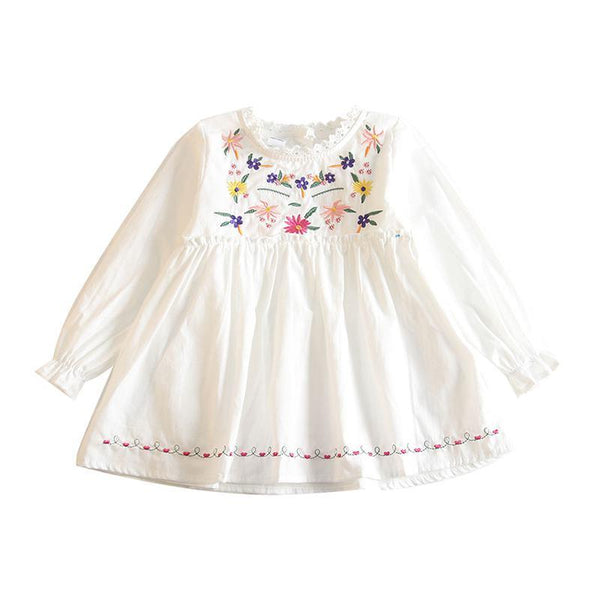 Ethnic Style Flower Embroidered Lace Collar Long Sleeves Girls Dress