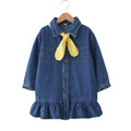 Lovely Girls Cotton Long Sleeves Solid Color Bow Tie Decorated Denim Dress