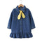 Lovely Girls Cotton Long Sleeves Solid Color Bow Tie Decorated Denim Dress