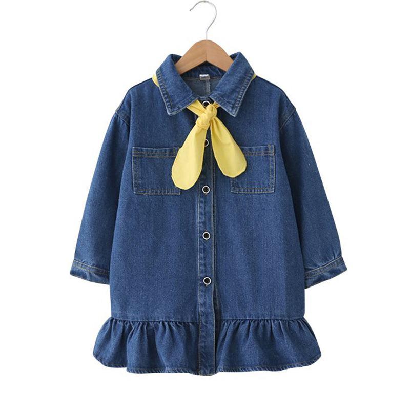 Lovely Girls Cotton Long Sleeves Solid Color Bow Tie Decorated Denim Dress