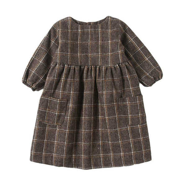 Girls Thickened Cotton Grid Printed Long Sleeves Winter Warm Dress