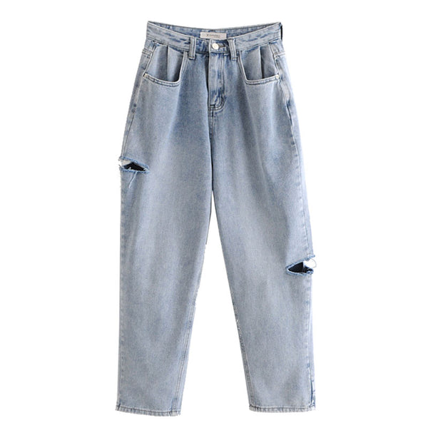 Fashion Lady Solid Color Pleated Design Loose Ripped Jeans