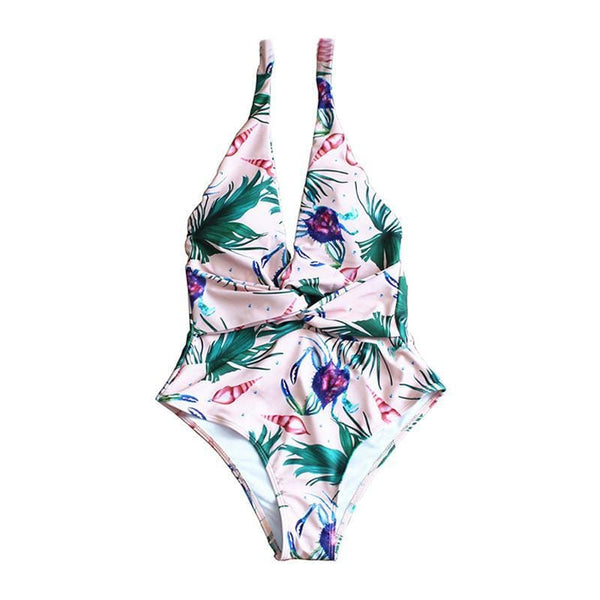 Women Sexy One-piece Halter Design Leaves Print Swimsuit