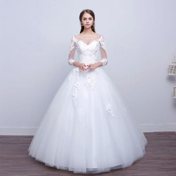 New Design Women Romantic Lace Flower Slimming Floor Length Wedding Gown