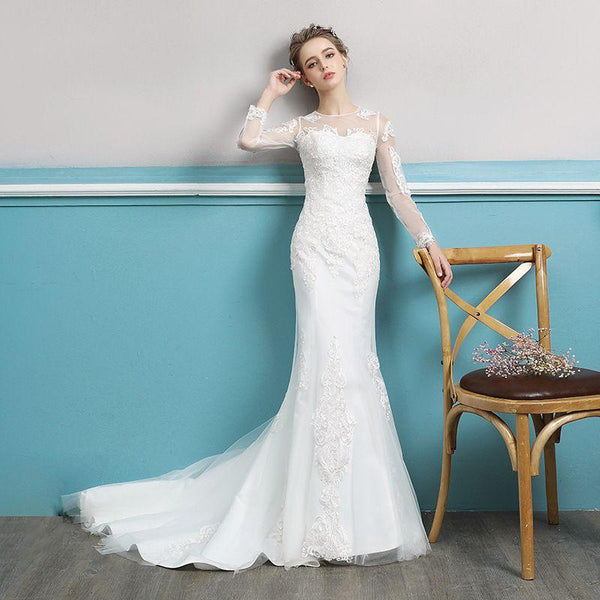 Women Romantic Long Sleeves Lace Mesh Patchwork Sweep Length Fishtail Train Wedding Gown