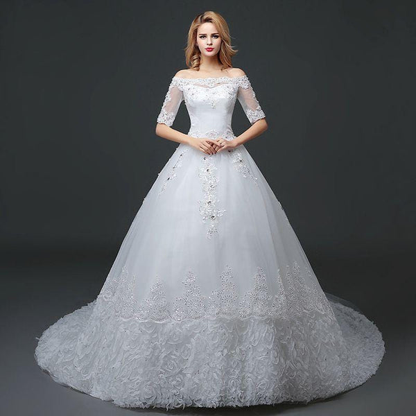Women High Quality Flower Pattern Lace Half Sleeves Off-shoulder Sweep Length Train Wedding Dress